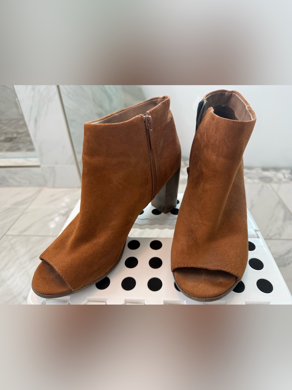 Breckelles Tan Suede Peep-Toe Ankle Booties